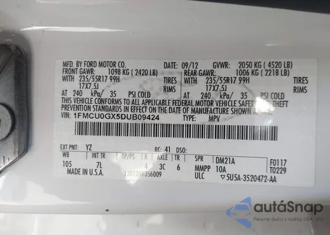 2013 Ford Escape Se from USA, damaged, VIN 1FMCU0GX5DUB09424